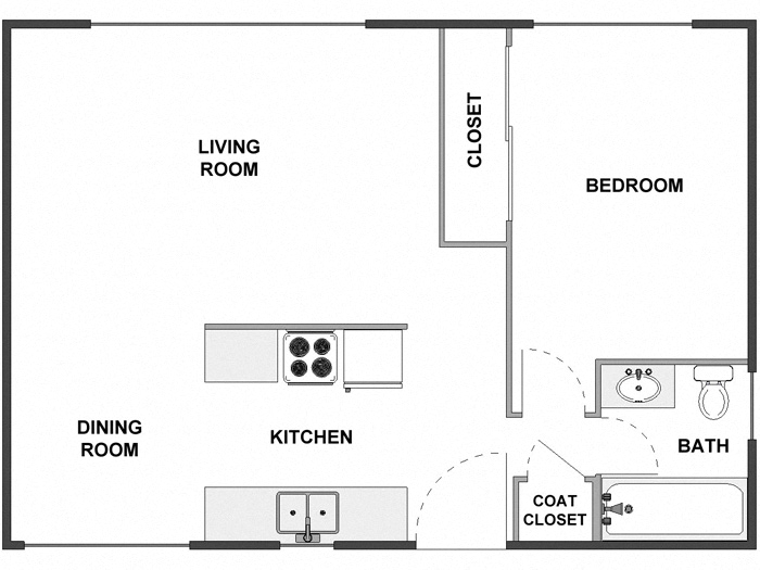 Floor plan for 1 bed, 1 bath, 650 sqft